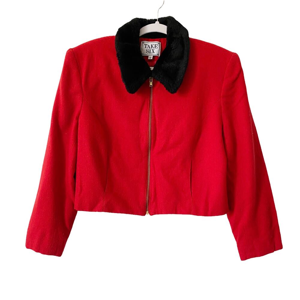 Vintage Take Six Womens Size 12 Red Wool Blend Cropped Zip Fur Collar Jacket